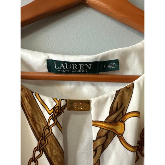 Lauren Ralph Lauren Dress 12 White Gold Chain Print Ruched Sheath Midi - Picture 2 of 6